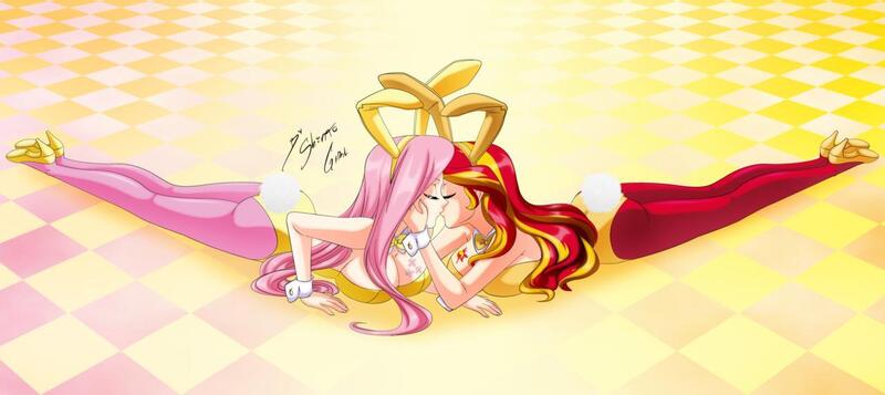 Size: 1280x571 | Tagged: safe, artist:shinta-girl, deleted from derpibooru, derpibooru import, fluttershy, sunset shimmer, bat pony, human, equestria girls, alternative cutie mark placement, big breasts, breasts, bunny ears, bunny suit, busty fluttershy, busty sunset shimmer, clothes, couple, cutie mark on breast, cutie mark on human, female, flutterbat, huge breasts, humanized, lesbian, race swap, shipping, sunshyne