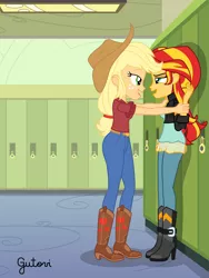 Size: 2501x3334 | Tagged: suggestive, artist:gutovi, derpibooru import, applejack, sunset shimmer, equestria girls, against wall, appleshimmer, boots, canterlot high, clothes, female, hallway, lesbian, lockers, pants, pinned, sassy, shipping, shoes