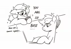 Size: 2048x1410 | Tagged: safe, artist:drtuo4, derpibooru import, oc, oc:draconidsmxz, unofficial characters only, earth pony, pony, unicorn, dialogue, female, frown, glasses, holding, male, mare, phone, stallion