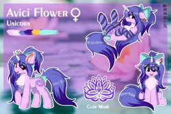 Size: 1800x1200 | Tagged: safe, artist:lunar froxy, derpibooru import, oc, oc:avici flower, unofficial characters only, pony, unicorn, bandage, bow, broken horn, cheek fluff, chest fluff, clothes, dipstick hair, dipstick tail, ear fluff, female, fluffy, horn, japanese, leg fluff, mare, reference sheet, smiling, socks, striped socks, tail bow