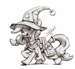 Size: 1080x989 | Tagged: safe, artist:assasinmonkey, derpibooru import, applejack, earth pony, pony, clothes, cute, female, final fantasy, freckles, hat, jackabetes, lineart, mare, monochrome, open mouth, signature, simple background, solo, white background, wizard hat