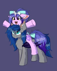 Size: 960x1200 | Tagged: safe, artist:lunar froxy, derpibooru import, oc, oc:avici flower, oc:lunar frost, unofficial characters only, bat pony, pony, unicorn, bandage, bat pony oc, bat wings, bow, cheek fluff, chest fluff, cute, ear fluff, hair bow, happy, ponies riding ponies, riding, simple background, size difference, tail bow, wings