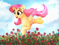 Size: 2048x1582 | Tagged: safe, artist:thefloatingtree, derpibooru import, fluttershy, pegasus, pony, atg 2020, cute, female, field, flower, flower field, folded wings, jumping, mare, midair, newbie artist training grounds, open mouth, outdoors, shyabetes, sky, solo, three quarter view, tulip, wings