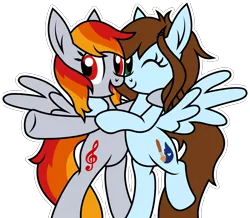 Size: 2508x2186 | Tagged: safe, artist:tridashie, derpibooru import, oc, oc:shinycyan, oc:tridashie, unofficial characters only, pegasus, pony, bipedal, duo, hug, looking at you, one eye closed, simple background, smiling, spread wings, transparent background, wings, wink