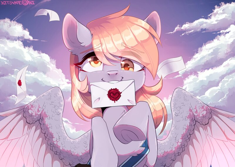 Size: 1748x1240 | Tagged: safe, artist:hakkerman, artist:hakkerman5, derpibooru import, derpy hooves, pegasus, pony, seal, chest fluff, cloud, ear fluff, envelope, female, flying, frog (hoof), heart eyes, mail, mare, signature, sky, solo, teeth, two toned wings, underhoof, wingding eyes, wings