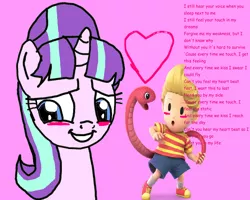 Size: 1282x1024 | Tagged: safe, derpibooru import, starlight glimmer, pony, unicorn, 1000 hours in ms paint, blushing, cascada, crack shipping, crossover, crossover shipping, everytime we touch, female, lucas, lucasglimmer, mare, mother 3, mother series, pink background, shipping, simple background