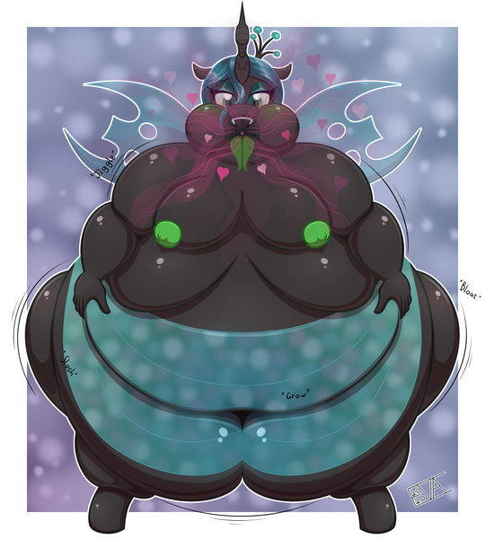 Size: 3600x4000 | Tagged: questionable, artist:evan555alpha, derpibooru import, queen chrysalis, anthro, changeling, changeling queen, unguligrade anthro, abstract background, belly, belly button, belly grab, big belly, big breasts, bingo wings, breasts, busty queen chrysalis, changeling feeding, changeling overfeeding, deep belly button, expansion, fat, female, huge belly, impossibly large belly, impossibly wide hips, looking at you, love, morbidly obese, nipples, nudity, obese, open mouth, queen chrysalard, reversalis, signature, solo, solo female, technicolor nipples, thighs, thunder thighs, tongue out, translucent belly, transparent flesh, weight gain, wide hips