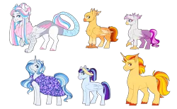 Size: 3423x2112 | Tagged: safe, artist:luniarctic, derpibooru import, oc, unofficial characters only, draconequus, hippogriff, hybrid, pony, cape, clothes, crack ship offspring, female, interspecies offspring, magical gay spawn, magical lesbian spawn, male, mare, offspring, parent:aloe, parent:amethyst shard, parent:discord, parent:fire flare, parent:flash sentry, parent:gallus, parent:gilda, parent:rarity, parent:soarin', parent:starlight glimmer, parent:sunburst, parent:trixie, parents:aloecord, parents:firesentry, parents:gallurst, parents:gildashard, parents:rarixie, parents:starin', simple background, stallion, style emulation, transparent background