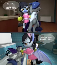 Size: 1279x1458 | Tagged: safe, artist:batponyecho, derpibooru import, oc, oc:echo, oc:mitzy, unofficial characters only, bat pony, pony, 3d, alcohol, bat pony oc, bat wings, bath, bathroom, bathtub, beer, bipedal, chloroform, clean, cleaning, clothes, comic, consuela, cutie mark, drunk, family guy, female, food, maid, mango, mare, sfm pony, source filmmaker, spread wings, water, wings