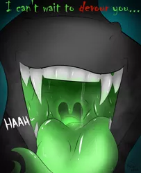 Size: 1300x1600 | Tagged: artist:kingkrail, breath, changeling, changeling queen, derpibooru import, dialogue, female, forked tongue, glowing throat, green insides, green tongue, imminent vore, mawshot, open mouth, queen chrysalis, recolor, salivating, sharp teeth, suggestive, talking to viewer, teeth
