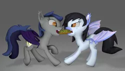 Size: 1280x720 | Tagged: safe, artist:batponyecho, derpibooru import, oc, oc:echo, oc:mitzy, unofficial characters only, bat pony, pony, 3d, angry, bat pony oc, bat wings, cutie mark, fangs, female, fight, food, hissing, mare, source filmmaker, spread wings, struggle, taco, teeth, tug of war, wings