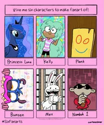 Size: 761x911 | Tagged: safe, artist:cartuneslover16, derpibooru import, princess luna, alicorn, anthro, human, pony, rabbit, six fanarts, animal, bunsen beast, bunsen is a beast, clothes, codename kids next door, crossover, ed edd n eddy, ethereal mane, female, kelly, mare, max, nigel uno, open mouth, peytral, plank, sam and max, smiling, star vs the forces of evil, starry mane, sunglasses