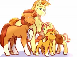Size: 2048x1536 | Tagged: safe, artist:vennyredmoon, deleted from derpibooru, derpibooru import, stellar flare, sunburst, sunset shimmer, sunspot (character), pony, unicorn, bag, brother and sister, colt, female, filly, foal, male, mare, saddle bag, siblings, simple background, stallion, story included, sunny siblings, white background, younger