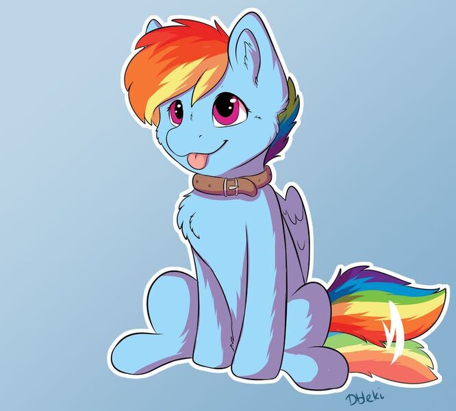 Size: 1024x922 | Tagged: safe, artist:dbleki, derpibooru import, rainbow dash, pegasus, pony, behaving like a dog, blue background, chest fluff, collar, ear fluff, female, gradient background, mare, pet-dash, pony pet, simple background, sitting, solo, tail wag, tongue out, white outline
