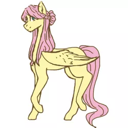 Size: 768x768 | Tagged: safe, artist:vennyredmoon, deleted from derpibooru, derpibooru import, fluttershy, pegasus, pony, alternate hairstyle, female, looking at you, mare, missing cutie mark, older, raised hoof, raised leg, simple background, skinny, skinny legs, smiling, solo, standing, white background, wings