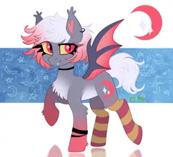 Size: 2200x2000 | Tagged: safe, artist:irinamar, derpibooru import, oc, unnamed oc, unofficial characters only, bat pony, bat pony oc, bat wings, chest fluff, choker, clothes, colored sclera, ear fluff, ear piercing, earring, fangs, jewelry, looking at you, multicolored mane, piercing, raised hoof, signature, slit eyes, smiling, socks, solo, stockings, striped socks, thigh highs, wings, wristband