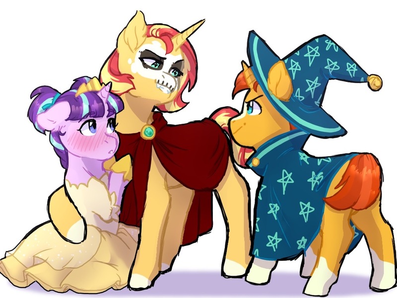 Size: 1024x768 | Tagged: safe, artist:vennyredmoon, deleted from derpibooru, derpibooru import, starlight glimmer, sunburst, sunset shimmer, pony, unicorn, blushing, brother and sister, clothes, colt, dress, female, filly, implied shimmerglimmer, male, play, siblings, simple background, sunny siblings, white background