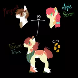 Size: 1100x1100 | Tagged: safe, artist:lepiswerid, derpibooru import, apple bloom, pipsqueak, oc, oc:treasure trove, earth pony, pony, bandana, bow, braid, colored hooves, cutie mark, faded, married, married couple, marsverse, offspring, parent:apple bloom, parent:pipsqueak, parents:pipbloom, redesign