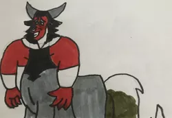 Size: 1280x883 | Tagged: accident, artist:whistle blossom, blushing, centaur, derpibooru import, embarrassed, fart, fart cloud, fart fetish, fetish, grin, looking at you, lord tirek, male, marker drawing, need to poop, nose piercing, nose ring, piercing, potty emergency, potty time, sheepish grin, simple background, smelly, smiling, smiling at you, solo, solo male, suggestive, traditional art, white background