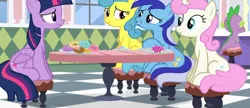 Size: 1127x489 | Tagged: alicorn, amending fences, derpibooru import, donut, food, lemon hearts, minuette, safe, screencap, sitting, spike, twilight sparkle, twilight sparkle (alicorn), twinkleshine