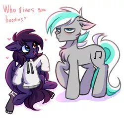 Size: 3000x2872 | Tagged: safe, artist:pesty_skillengton, derpibooru import, oc, oc:pestyskillengton, oc:silvernote, earth pony, pegasus, clothes, cute, female, hoodie, love, male, mare, stallion, text