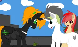 Size: 5120x3064 | Tagged: safe, artist:terminalhash, derpibooru import, oc, oc:leonlisov, oc:ravery, oc:sovietpony, demon, demon pony, earth pony, original species, pony, unicorn, horn, horn battle, vector