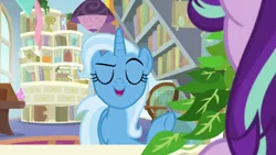 Size: 1920x1080 | Tagged: safe, derpibooru import, screencap, phyllis, starlight glimmer, trixie, pony, unicorn, a horse shoe-in, eyes closed, female, mare, philodendron, plant, potted plant, starlight's office