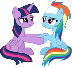 Size: 3146x3000 | Tagged: safe, artist:cloudyglow, artist:yanoda, derpibooru import, rainbow dash, twilight sparkle, twilight sparkle (alicorn), alicorn, pegasus, pony, deep tissue memories, spoiler:deep tissue memories, alternate hairstyle, cutie mark, duo, female, high res, implied shipping, simple background, sitting, smiling, spa pony rainbow dash, transparent background, vector