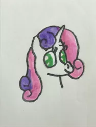 Size: 3024x4032 | Tagged: safe, artist:whistle blossom, deleted from derpibooru, derpibooru import, sweetie belle, pony, unicorn, cute, diasweetes, female, looking at you, mare, marker drawing, older, older sweetie belle, simple background, smiling, smiling at you, solo, traditional art, white background