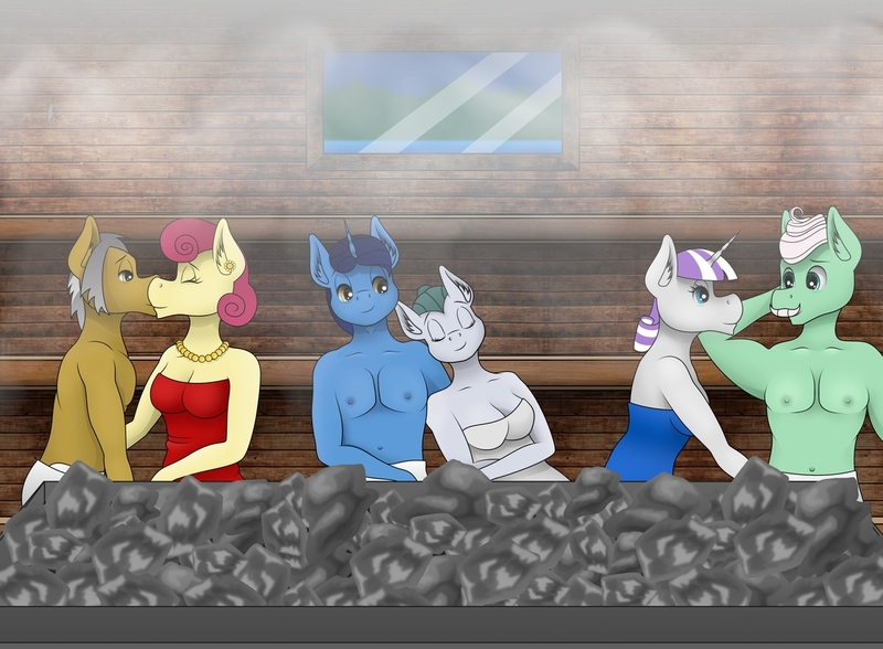 Size: 1280x941 | Tagged: suggestive, artist:zeronitroman, derpibooru import, cloudy quartz, gentle breeze, igneous rock pie, night light, posey shy, twilight velvet, anthro, earth pony, pegasus, unicorn, breasts, clothes, cloudynight, female, infidelity, male, partial nudity, poseyrock, sauna, shipping, straight, swingers, topless, towels, velvetbreeze, wife swap, wingless, wingless anthro