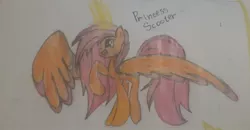Size: 1360x709 | Tagged: artist needed, source needed, safe, derpibooru import, scootaloo, alicorn, pony, alicornified, happy, large wings, older, older scootaloo, one hoof raised, pencil drawing, photo, race swap, scootacorn, traditional art, wings