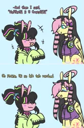 Size: 697x1060 | Tagged: safe, artist:ask-pinkie-polkadot-pie, derpibooru import, fluttershy, pinkie pie, pony, tumblr:ask-pinkie-polkadot-pie, alternate hairstyle, clothes, headphones, hoodie