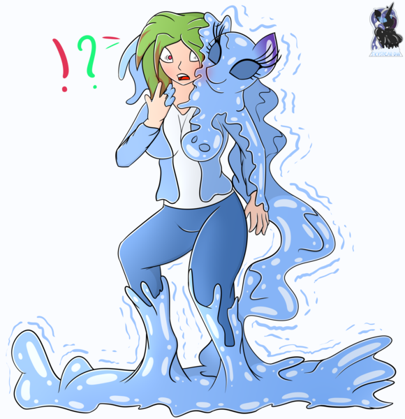 Size: 4626x4788 | Tagged: anthro, artist:skyspeardraw, breasts, derpibooru import, female, goo, human, human to anthro, latex, living latex, mask, oc, oc:electra, questionable, simple background, slime, solo, stuck, transformation, transparent background, unofficial characters only