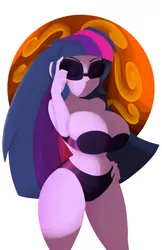 Size: 828x1280 | Tagged: suggestive, artist:7_los_7, artist:7los7, derpibooru import, twilight sparkle, human, equestria girls, abstract background, belly button, big breasts, bikini, breasts, busty twilight sparkle, clothes, humanized, simple background, sunglasses, swimsuit