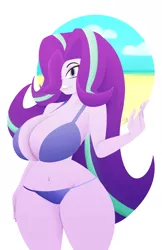 Size: 828x1280 | Tagged: suggestive, artist:7_los_7, artist:7los7, derpibooru import, starlight glimmer, human, equestria girls, abstract background, belly button, big breasts, bikini, breasts, busty starlight glimmer, clothes, female, hair over one eye, huge breasts, humanized, solo, solo female, swimsuit