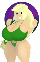 Size: 828x1280 | Tagged: suggestive, artist:7_los_7, artist:7los7, derpibooru import, applejack, human, equestria girls, abstract background, big breasts, bikini, breasts, busty applejack, clothes, female, huge breasts, humanized, impossibly large breasts, muscles, solo, solo female, swimsuit