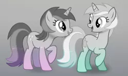 Size: 2651x1584 | Tagged: safe, artist:cloudyglow, artist:moongazeponies, derpibooru import, editor:xbi, amethyst star, lyra heartstrings, pony, unicorn, awwmethyst star, cute, duo, gradient background, looking at each other, lyrabetes, partial color, show accurate, similarities