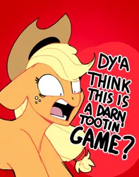 Size: 1280x1621 | Tagged: safe, artist:tallaferroxiv, deleted from derpibooru, derpibooru import, applejack, earth pony, pony, atg 2020, female, mare, newbie artist training grounds, question, rage, red background, simple background, solo, yelling