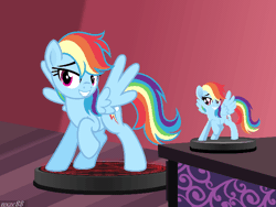 Size: 640x480 | Tagged: safe, artist:nxzc88, derpibooru import, rainbow dash, pegasus, pony, animated, bedroom eyes, blinking, body control, bondage, curse, cute, dashabetes, figurine, forced smile, gif, grin, gritted teeth, image, magic, magic circle, magical bondage, raised hoof, show accurate, smiling, solo, spread wings, struggling, trapped, voodoo, voodoo bondage, wings