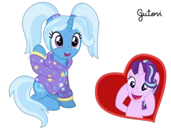 Size: 3334x2501 | Tagged: safe, artist:gutovi, derpibooru import, starlight glimmer, trixie, pony, unicorn, alternate hairstyle, babysitter trixie, clothes, cute, diatrixes, female, gameloft interpretation, hoodie, lesbian, pigtails, shipping, show accurate, simple background, startrix, transparent background, twintails, vector