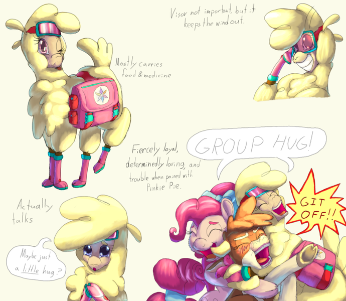 Size: 1011x879 | Tagged: safe, artist:firefanatic, derpibooru import, arizona cow, paprika paca, pinkie pie, alpaca, cow, earth pony, pony, them's fightin' herds, alternate design, alternate mane style, bag, blushing, boots, bow, calf, clothes, community related, embarrassed, goggles, group hug, hair tie, hug, indignant, saddle bag, shoes