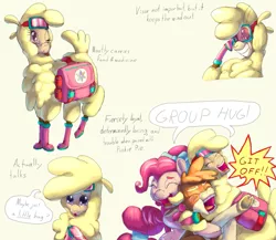 Size: 1011x879 | Tagged: safe, artist:firefanatic, derpibooru import, arizona cow, paprika paca, pinkie pie, alpaca, cow, earth pony, pony, them's fightin' herds, alternate design, alternate mane style, bag, blushing, boots, bow, calf, clothes, community related, embarrassed, goggles, group hug, hair tie, hug, indignant, saddle bag, shoes