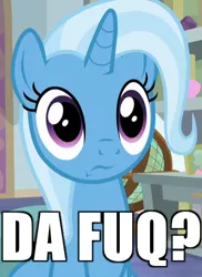 Size: 400x550 | Tagged: safe, derpibooru import, edit, edited screencap, screencap, trixie, unicorn, a horse shoe-in, caption, cropped, da fuq, image macro, solo, text, vulgar