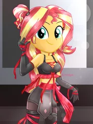 Size: 1800x2400 | Tagged: safe, artist:artmlpk, derpibooru import, sunset shimmer, equestria girls, adorable face, adorasexy, adorkable, alternate hairstyle, bare shoulders, beautiful, boots, bow, clothes, costume, cute, design, digital art, dork, evening gloves, female, gloves, high res, kunoichi, long gloves, looking at you, midriff, ninja, ninja costume, outfit, pigtails, ponytail, ribbon, sexy, shimmerbetes, shoes, shorts, sleeveless, smiling, smiling at you, socks, solo, sports bra, thigh boots, thigh highs, thighs, watermark