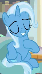 Size: 289x511 | Tagged: safe, derpibooru import, screencap, trixie, pony, unicorn, a horse shoe-in, cropped, eyes closed, female, hoof on chest, hoof on hip, mare, proud, sitting, smiling, smug, solo