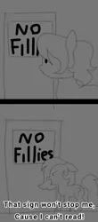 Size: 439x1000 | Tagged: safe, artist:anonymous, derpibooru import, oc, oc:anonfilly, ponified, earth pony, pony, /mlp/, 4chan, arthur, caption, drawthread, female, filly, illiterate, meme, monochrome, ponified meme, solo, text