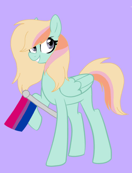 Size: 1660x2180 | Tagged: artist:circuspaparazzi5678, base used, bisexual, bisexual pride flag, derpibooru import, female, magical lesbian spawn, next generation, oc, oc:rainboom, offspring, parent:fluttershy, parent:rainbow dash, parents:flutterdash, pegasus, pride, pride flag, pride month, purple background, safe, simple background, solo