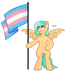 Size: 1730x1930 | Tagged: safe, artist:$b66, derpibooru import, oc, oc:mango foalix, pegasus, pony, arm hooves, bipedal, female, flag, flag pole, flagpole, mare, pride, pride flag, solo, transgender pride flag