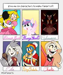 Size: 640x764 | Tagged: safe, artist:raven-shepherd, derpibooru import, princess flurry heart, anthro, six fanarts, :d, :p, anthro with ponies, bust, charlie (hazbin hotel), clothes, crossover, crown, dress, eda, evening gloves, female, frying pan, gloves, grin, hat, hazbin hotel, jewelry, king dedede, kirby, long gloves, male, out of frame, princess peach, regalia, smiling, super mario bros., sylvanas windrunner, the owl house, tongue out, warcraft, world of warcraft