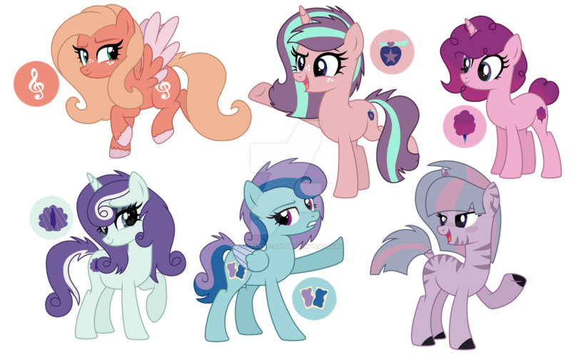 Size: 1280x796 | Tagged: safe, artist:lazuli, artist:nocturne-sol, derpibooru import, oc, unofficial characters only, earth pony, hybrid, pegasus, pony, unicorn, zony, base used, deviantart watermark, female, interspecies offspring, magical lesbian spawn, mare, obtrusive watermark, offspring, parent:applejack, parent:big macintosh, parent:bon bon, parent:fluttershy, parent:lyra heartstrings, parent:pinkie pie, parent:rainbow dash, parent:rarity, parent:starlight glimmer, parent:sugar belle, parent:twilight sparkle, parent:zecora, parents:fluttermac, parents:glimmerjack, parents:lyrarity, parents:rainbon, parents:sugarpie, parents:twicora, simple background, transparent background, watermark